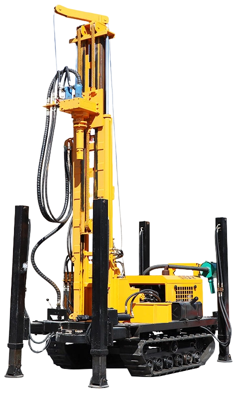 DR-140T DTH Drilling Rig with an upright mast, crawler tracks and stabilizers