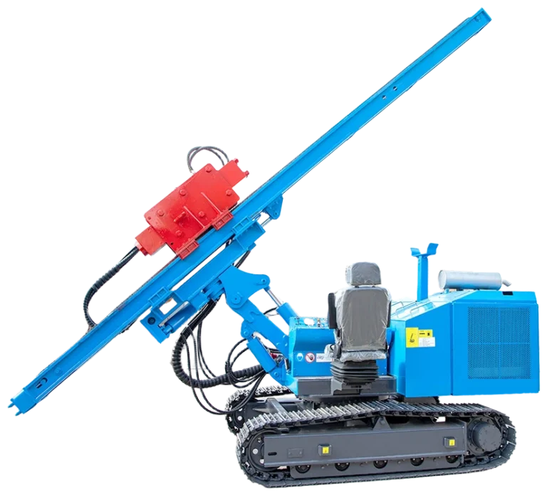 DR-400P Solar Pile Driver with an inclined mast and hydraulic impact hammer