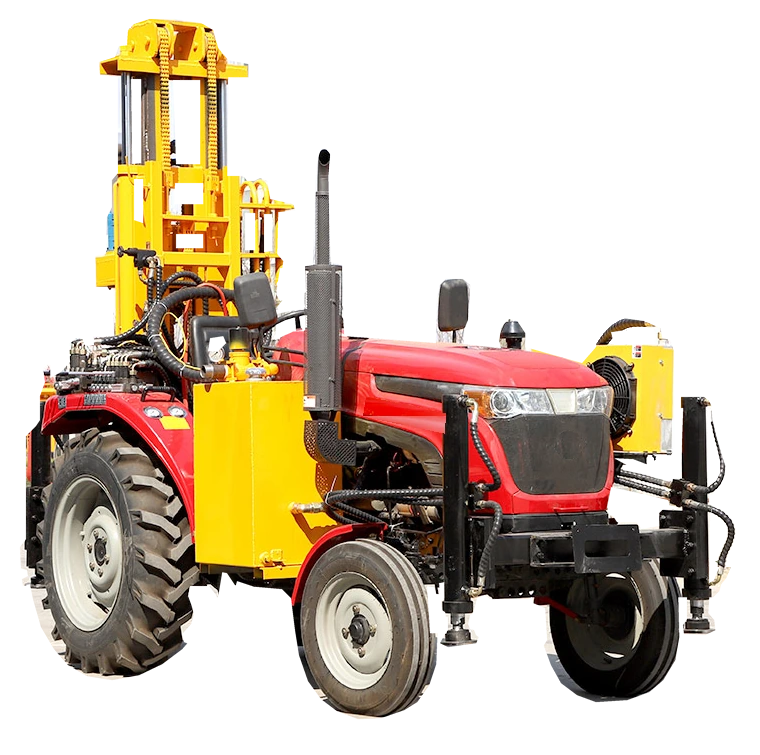 DR-600 Water Well Drilling Rig with a wheeled tractor chassis, rear drilling mast and stabilizers