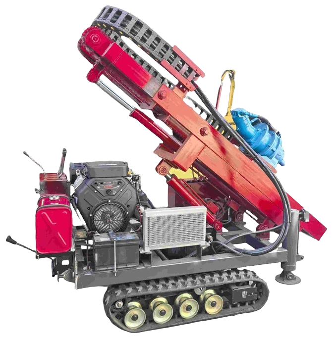 DR-600P Solar Pile Driver with inclined mast, blue rotary head, gasoline engine and rubber crawler chassis