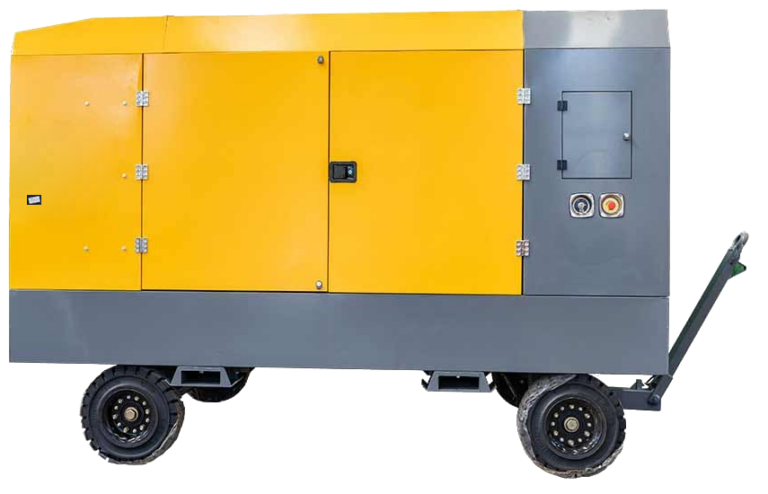 DR-750A Air Compressor with hinged side doors, wheeled chassis and front drawbar