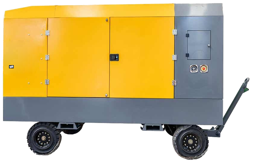 DR-750A Air Compressor with hinged side doors, wheeled chassis and front drawbar