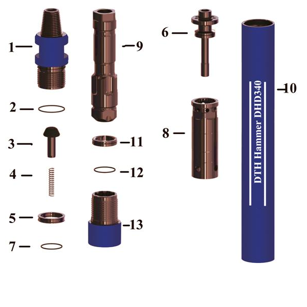 Thirteen numbered DHD340 hammer components arranged for identification