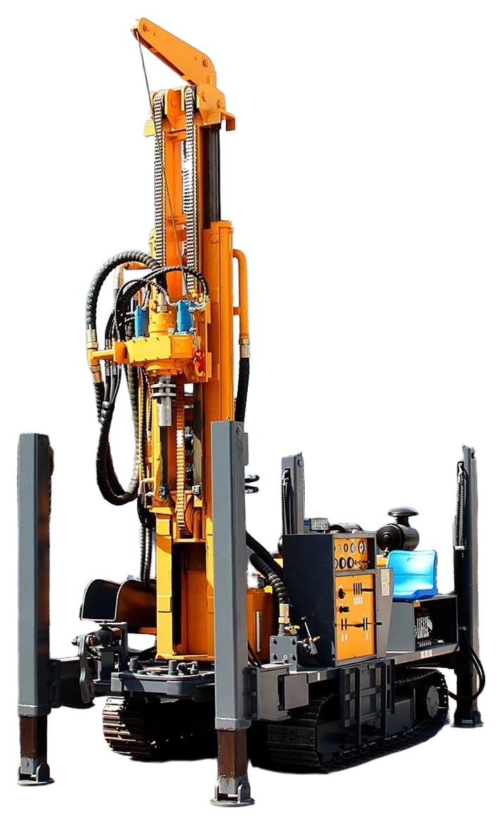 DRW130 water well drilling rig with upright mast, crawler chassis and stabilizer legs