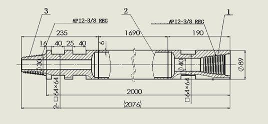 89 mm DTH drill rod with API 2 3/8 REG connections - dimensioned engineering drawing